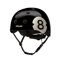 Load image into Gallery viewer, Melon Helmets black 8 Ball printed helmet designed for skateboarding, biking, scooter, and commuting.