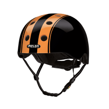 Load image into Gallery viewer, Melon Helmets black helmet with orange stripes designed for biking, skateboarding, scooter, commuter.