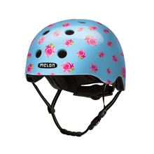 Load image into Gallery viewer, Melon Helmets rose printed blue helmet designed for skateboarding, biking, scooter, and commuting.