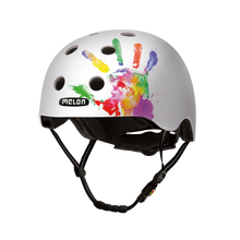 Load image into Gallery viewer, Melon Helmets white helmet with colorful handprint designed for skateboarding, biking, scooter, and commuting.