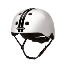 Load image into Gallery viewer, Melon Helmets white helmet with black racing stripes designed for skateboarding, biking, scooter, and commuting.