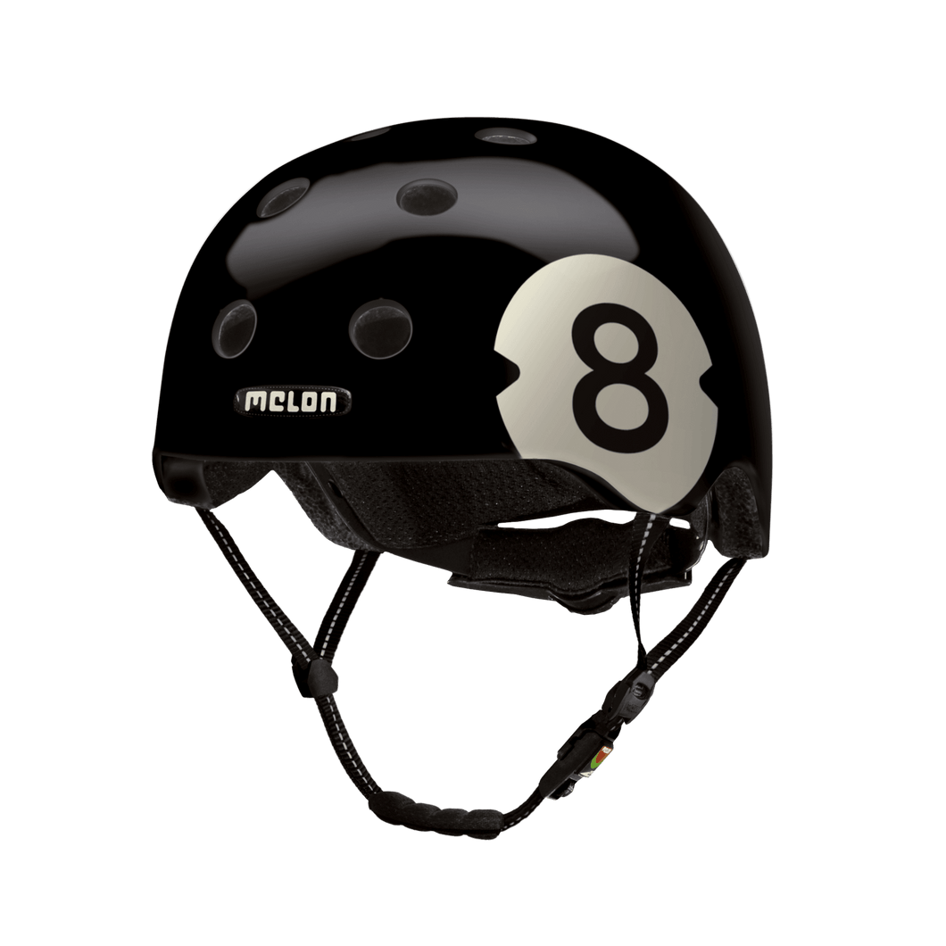 Melon Helmets black 8 Ball printed helmet designed for skateboarding, biking, scooter, and commuting.