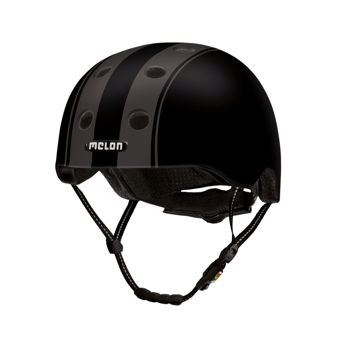 Melon Helmet black helmet with double grey stripes designed for skateboarding, biking, scooter, and commuting