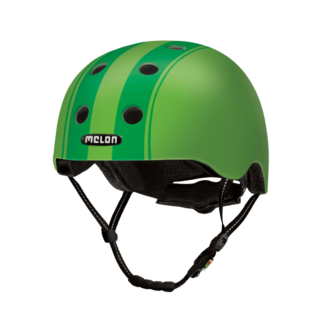 Melon Helmets green helmet with dark green stripes designed for skateboarding, biking, scooter, and commuting.