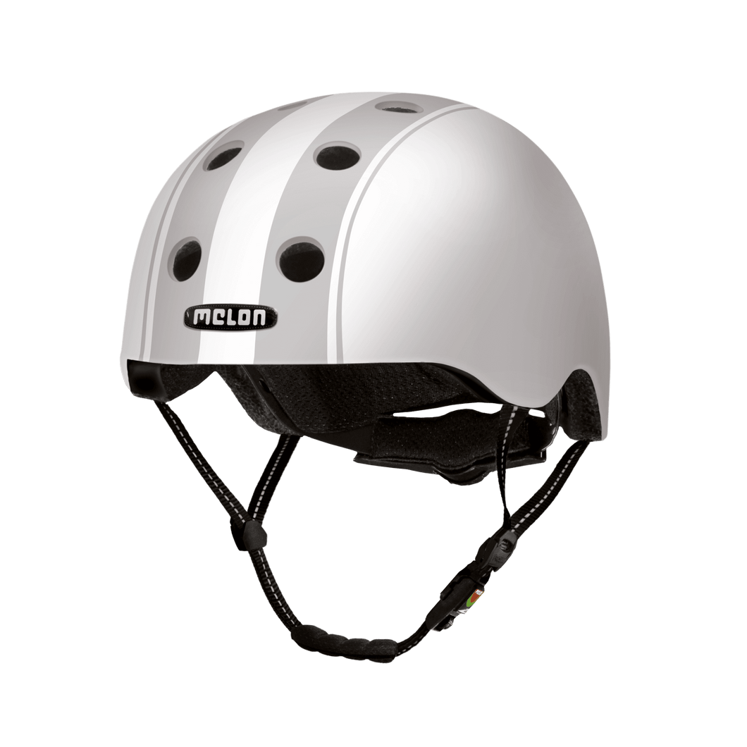 Melon Helmets white helmet with grey stripes designed for skateboarding, biking, scooter, and commuter.