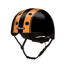 Load image into Gallery viewer, Melon Helmets black helmet with orange stripes designed for biking, skateboarding, scooter, commuter.
