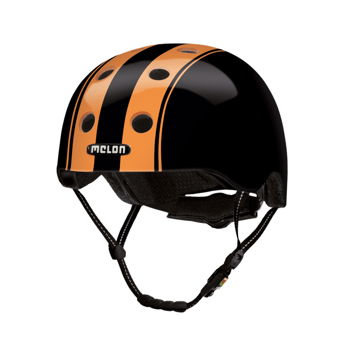 Melon Helmets black helmet with orange stripes designed for biking, skateboarding, scooter, commuter.