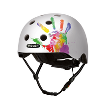 Load image into Gallery viewer, Melon Helmets white helmet with colorful handprint designed for skateboarding, biking, scooter, and commuting.
