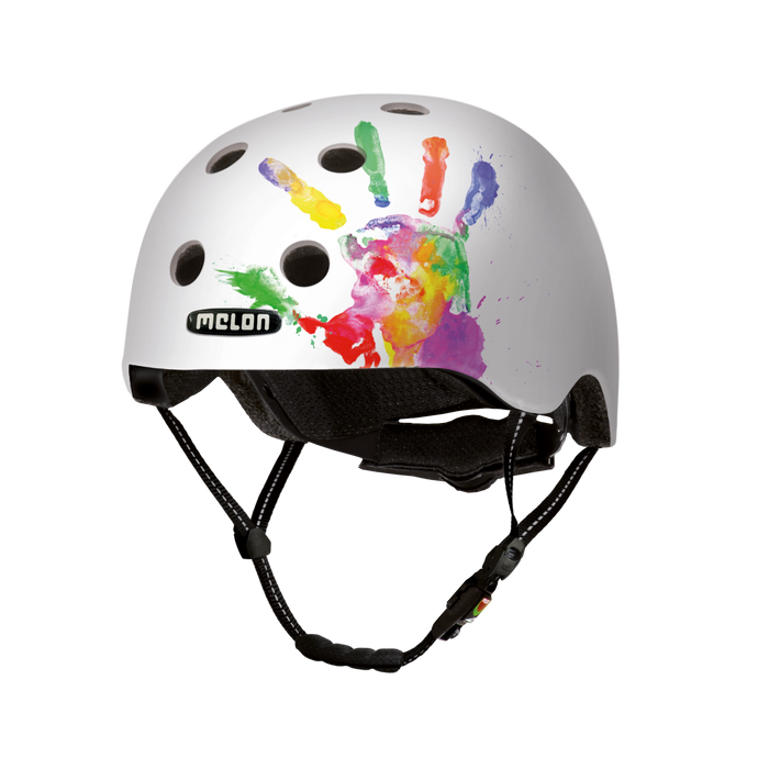 Melon Helmets white helmet with colorful handprint designed for skateboarding, biking, scooter, and commuting.