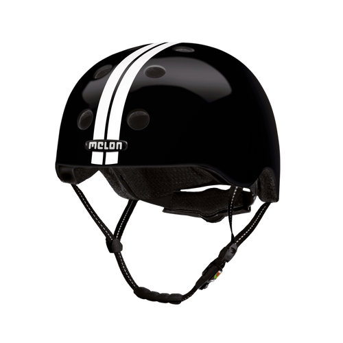 Melon Helmets black helmet with white racing stripes designed for skateboarding, biking, scooter, and commuting.