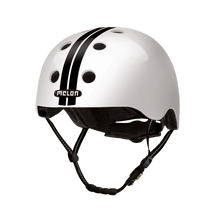 Load image into Gallery viewer, Melon Helmets white helmet with black racing stripes designed for skateboarding, biking, scooter, and commuting.
