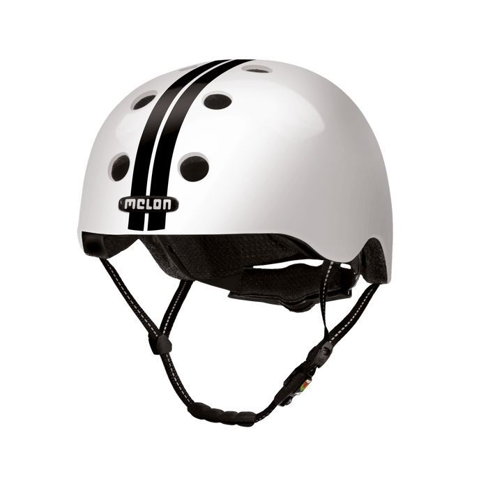 Melon Helmets white helmet with black racing stripes designed for skateboarding, biking, scooter, and commuting.